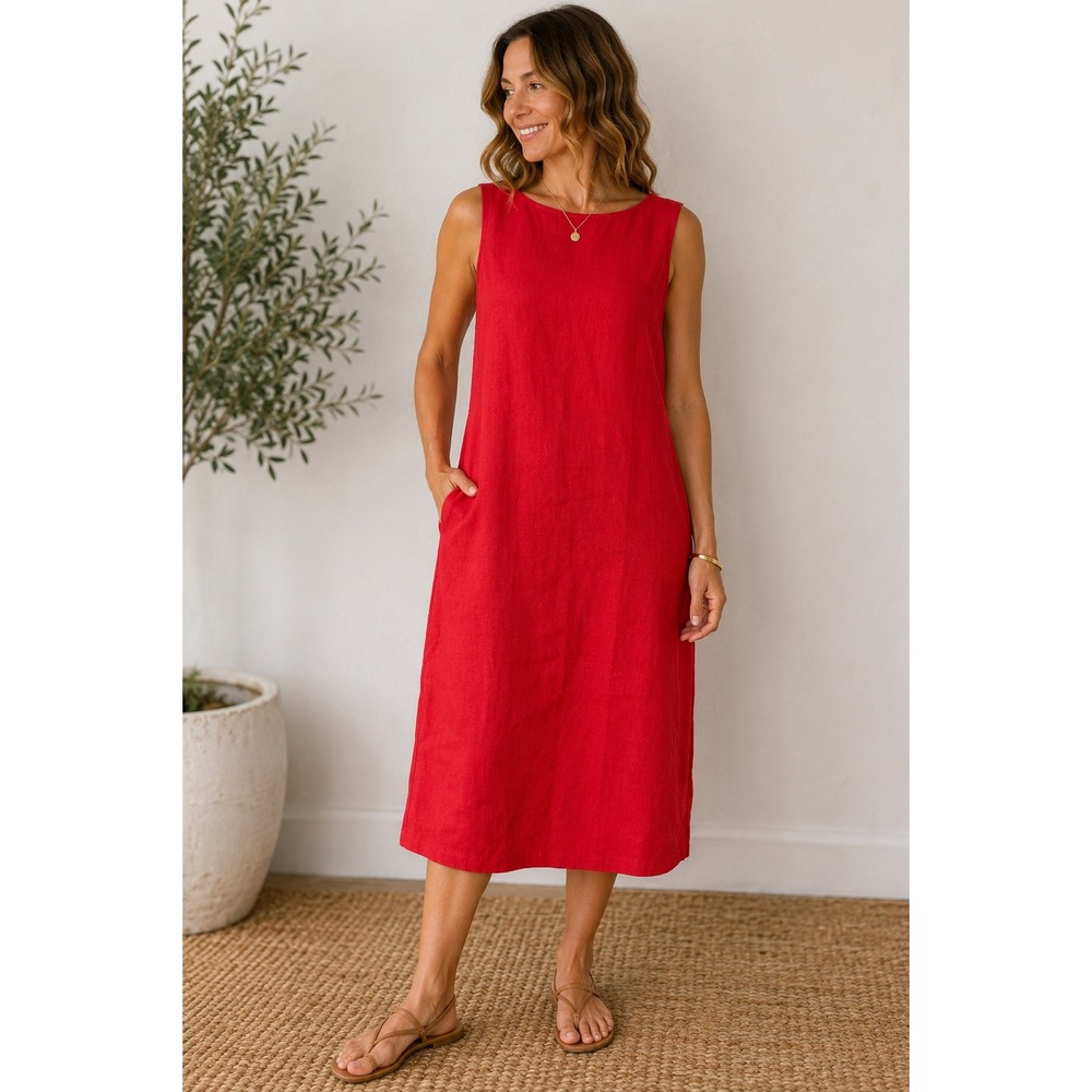 John Roberts Red 100% Linen Sleeveless Shift Midi Dress with Pockets Mens 12